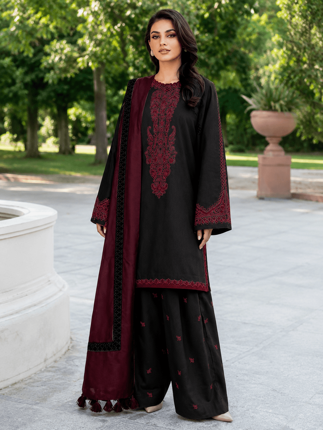Baroque Crimson Shadow — 3-Piece Embroidered Lawn Suit