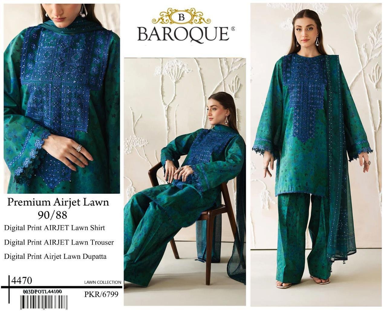 Luxury Baroque Premium Airjet Lawn 3-Piece Suit – Elegant Embroidered Digital Print Collection - Image 2