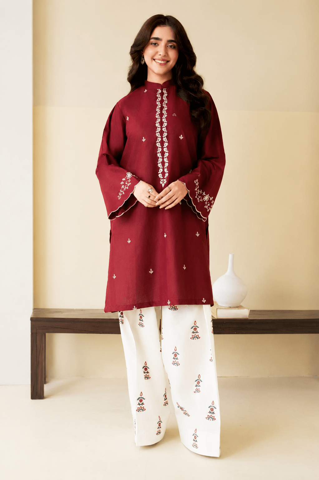 Batik – Embroidered 2-Piece Lawn Suit (Deep Maroon & Off-White)