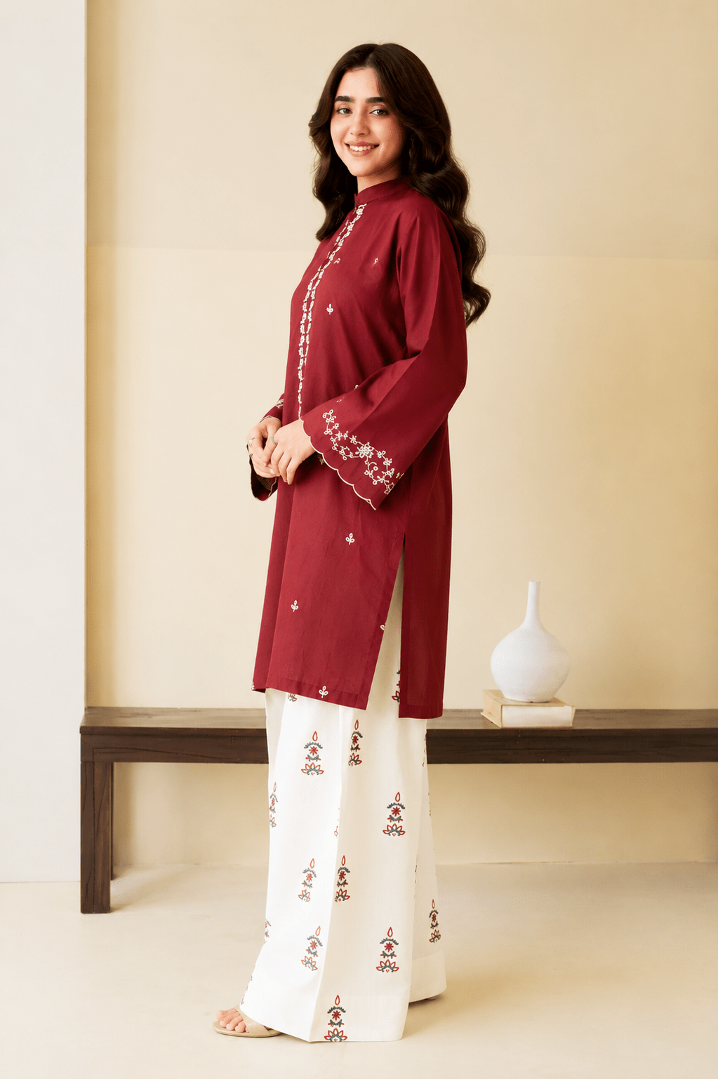 Batik – Embroidered 2-Piece Lawn Suit (Deep Maroon & Off-White) - Image 2