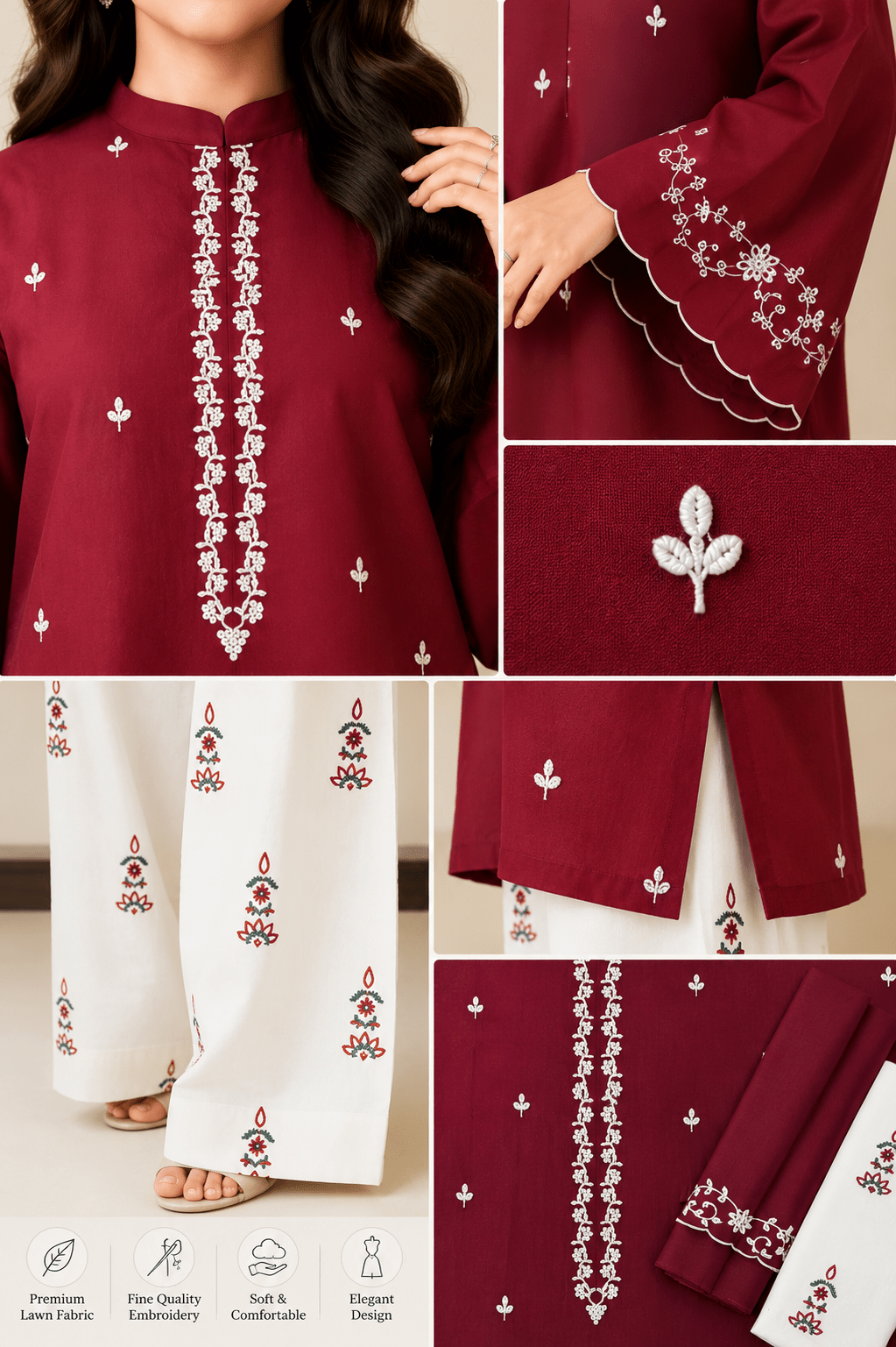 Batik – Embroidered 2-Piece Lawn Suit (Deep Maroon & Off-White) - Image 3