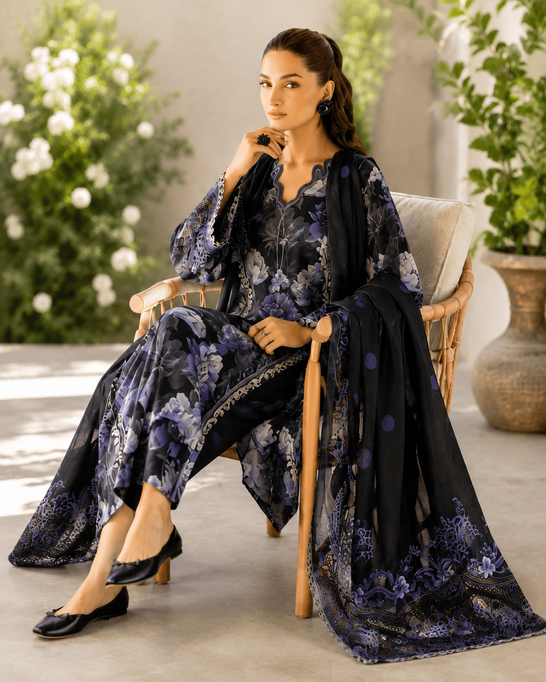 Baroque Premium Airjet Lawn 3-Piece Digital Print Suit – Black & Lavender Floral | Shirt, Trouser & Dupatta