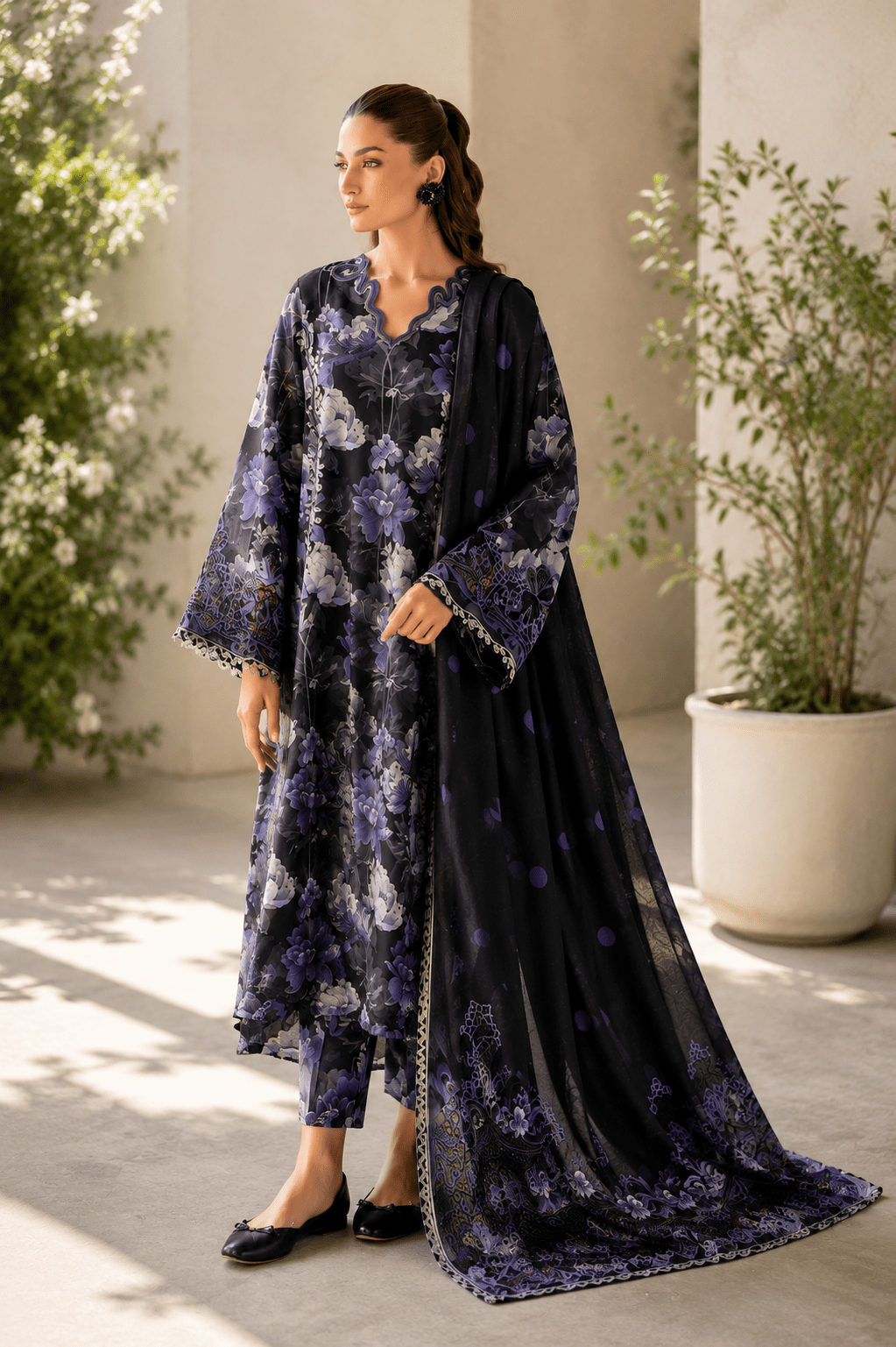 Baroque Premium Airjet Lawn 3-Piece Digital Print Suit – Black & Lavender Floral | Shirt, Trouser & Dupatta - Image 4