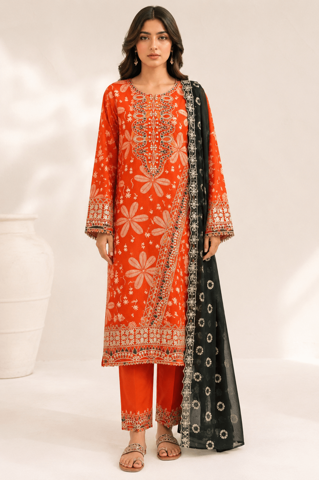 Embroidered Vibrant Orange Lawn 3-Piece Suit with Chiffon Dupatta