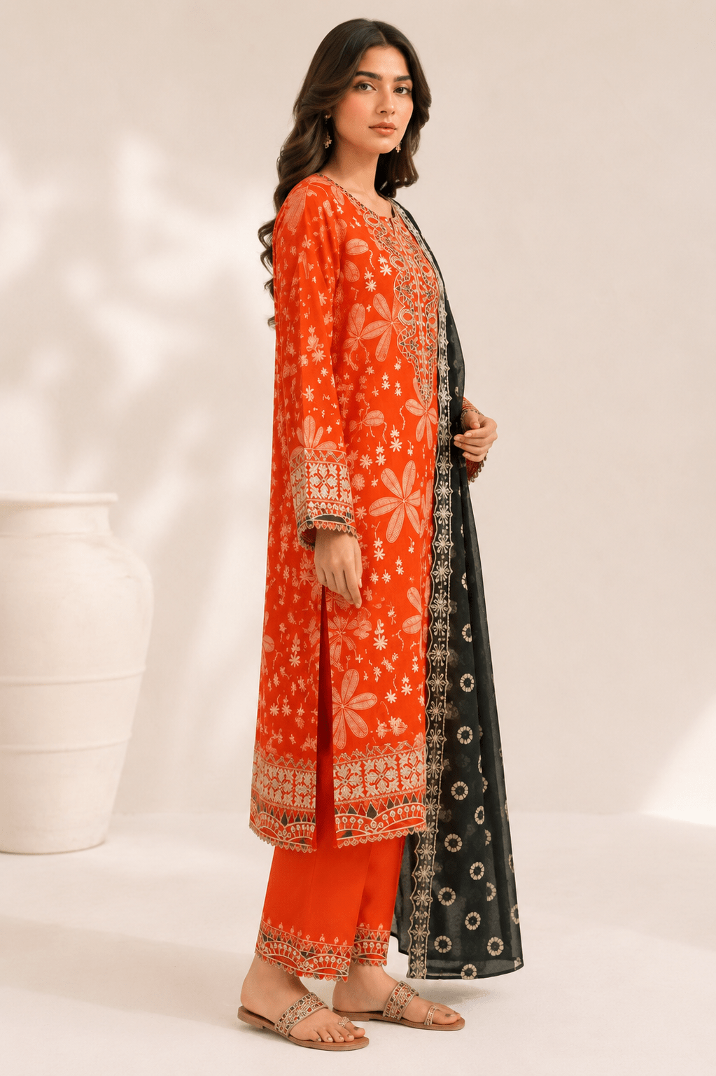 Embroidered Vibrant Orange Lawn 3-Piece Suit with Chiffon Dupatta - Image 4