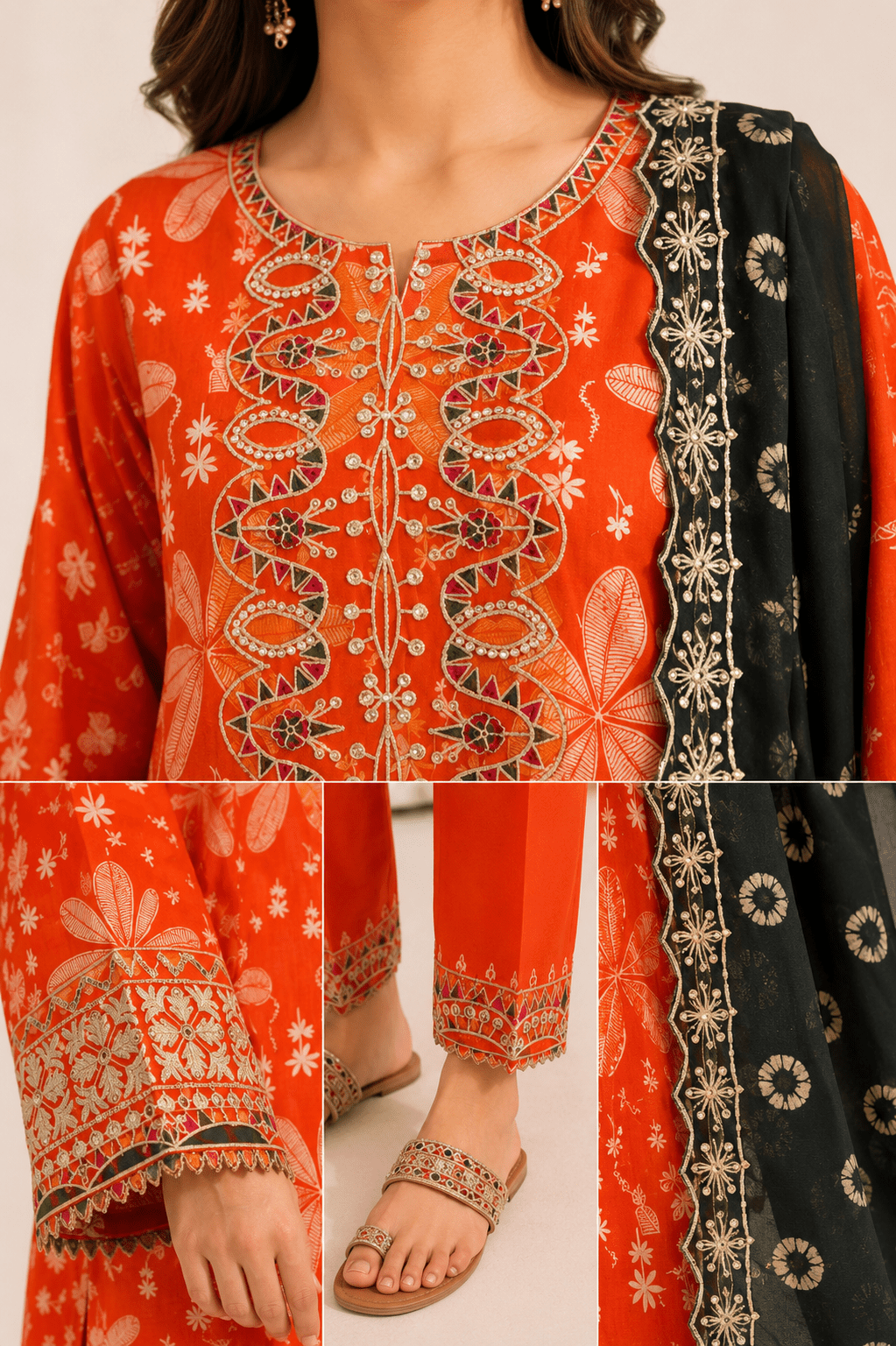 Embroidered Vibrant Orange Lawn 3-Piece Suit with Chiffon Dupatta - Image 2