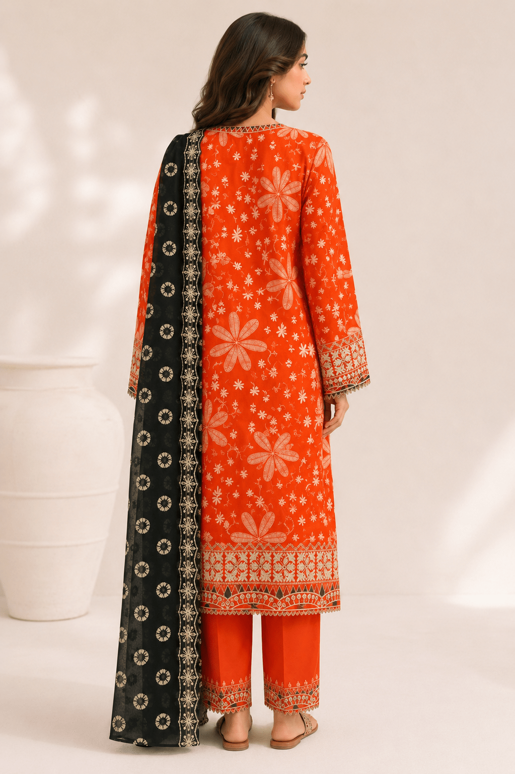 Embroidered Vibrant Orange Lawn 3-Piece Suit with Chiffon Dupatta - Image 3