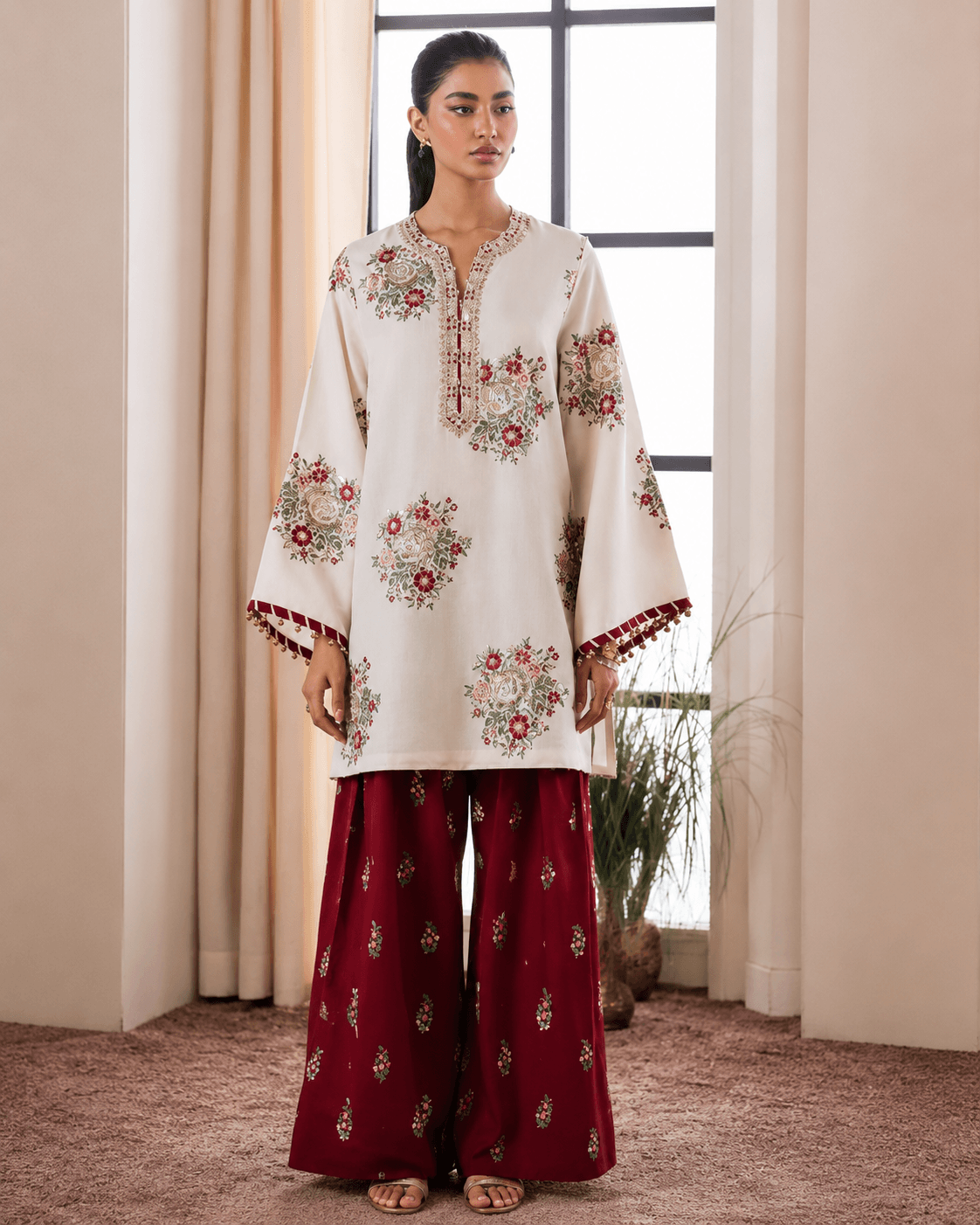 Ethnic Ivory & Crimson Bloom — Unstitched 2-Piece Embroidered Lawn Suit