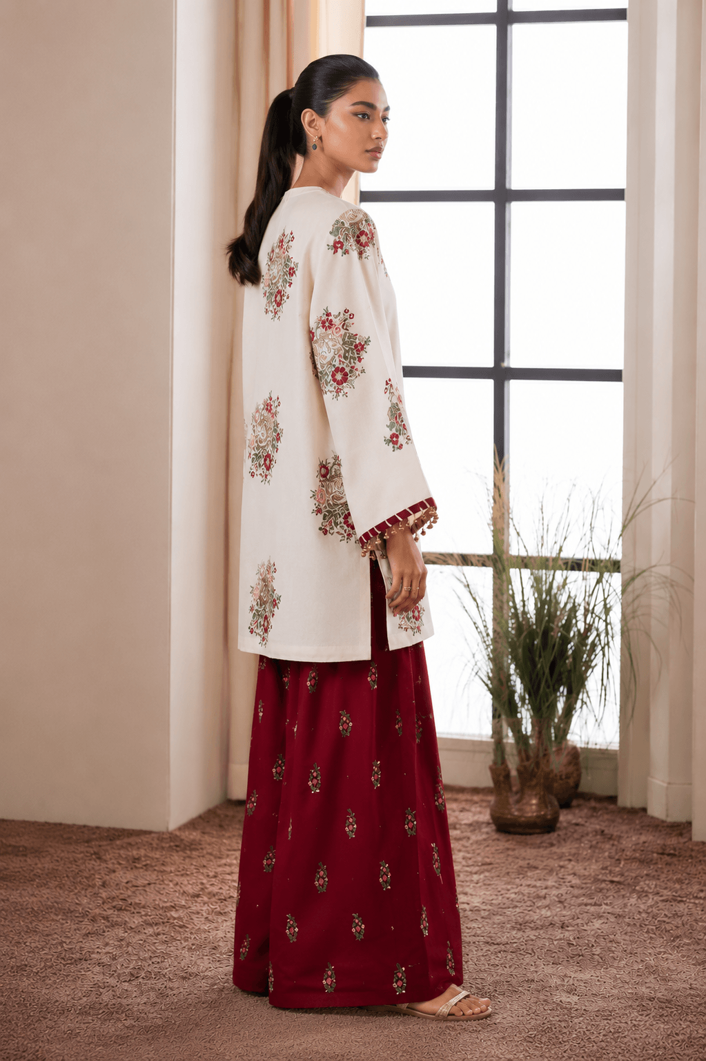 Ethnic Ivory & Crimson Bloom — Unstitched 2-Piece Embroidered Lawn Suit - Image 2