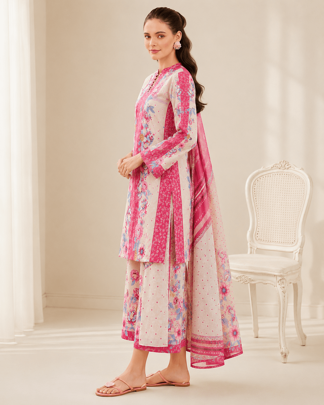 Farasha Pink Blossom 3-Piece Unstitched Lawn Suit - Image 3