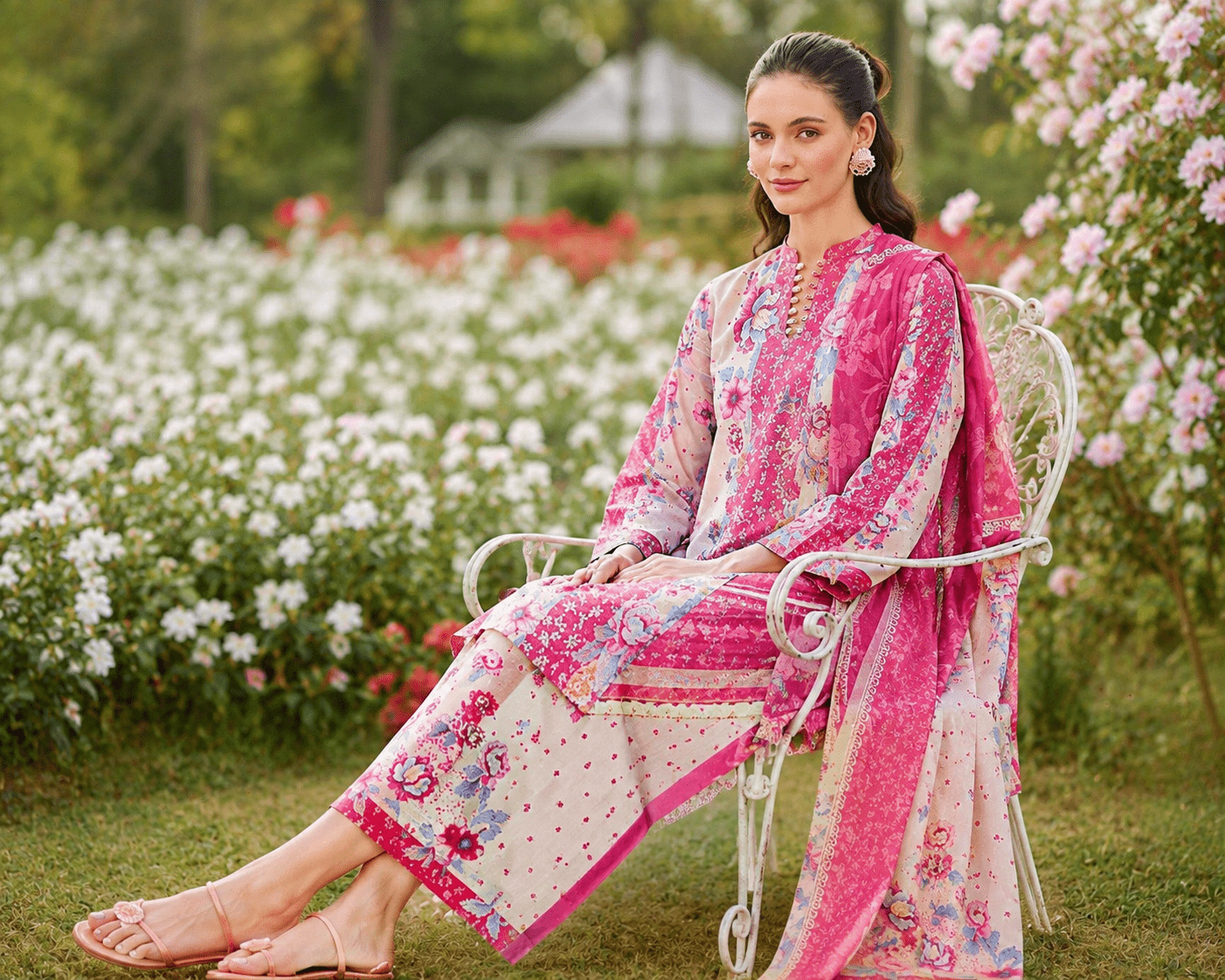 Farasha Pink Blossom 3-Piece Unstitched Lawn Suit - Image 2