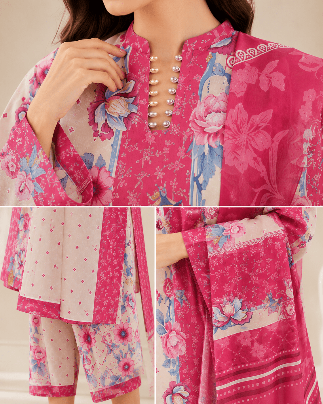 Farasha Pink Blossom 3-Piece Unstitched Lawn Suit - Image 4