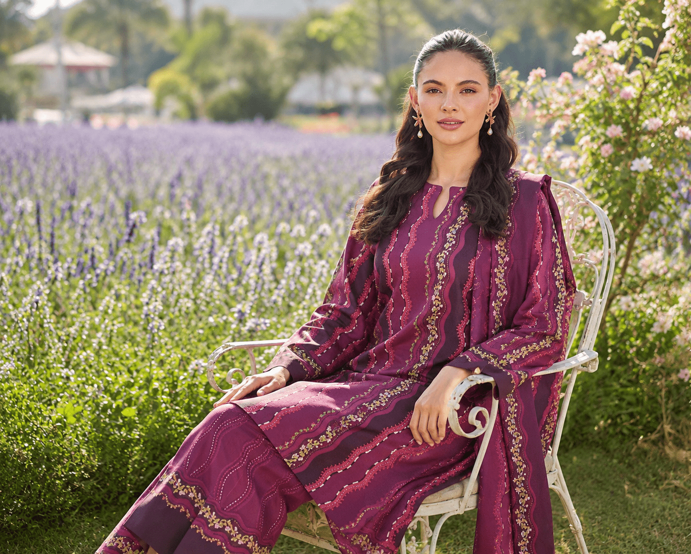 Farasha 3-Piece Digital Printed Lawn Suit – Plum Waves - Image 2