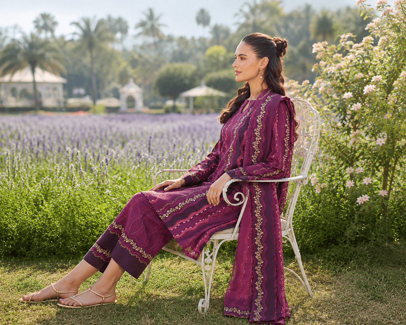 Farasha 3-Piece Digital Printed Lawn Suit – Plum Waves - Image 4