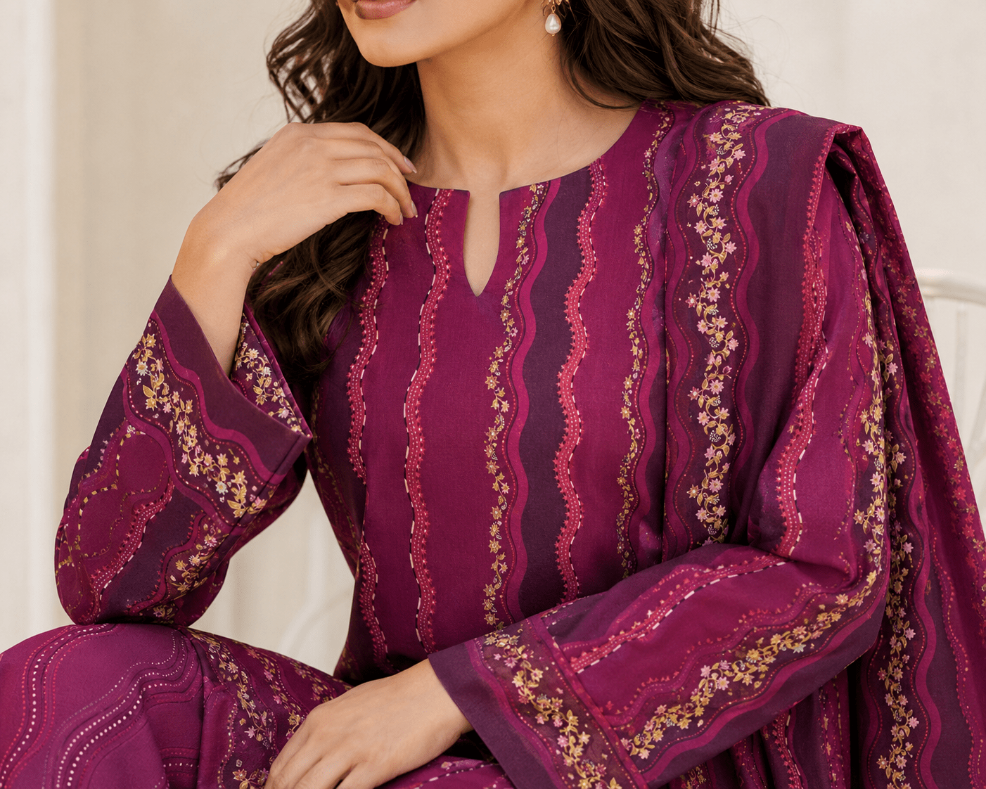 Farasha 3-Piece Digital Printed Lawn Suit – Plum Waves - Image 3