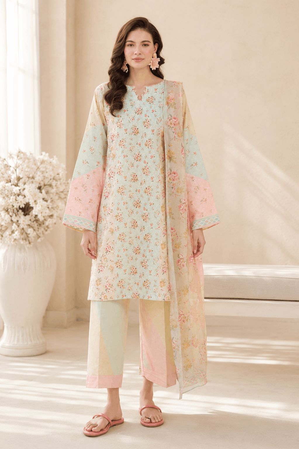 Farasha Pastel Floral 3-Piece Unstitched Lawn Suit