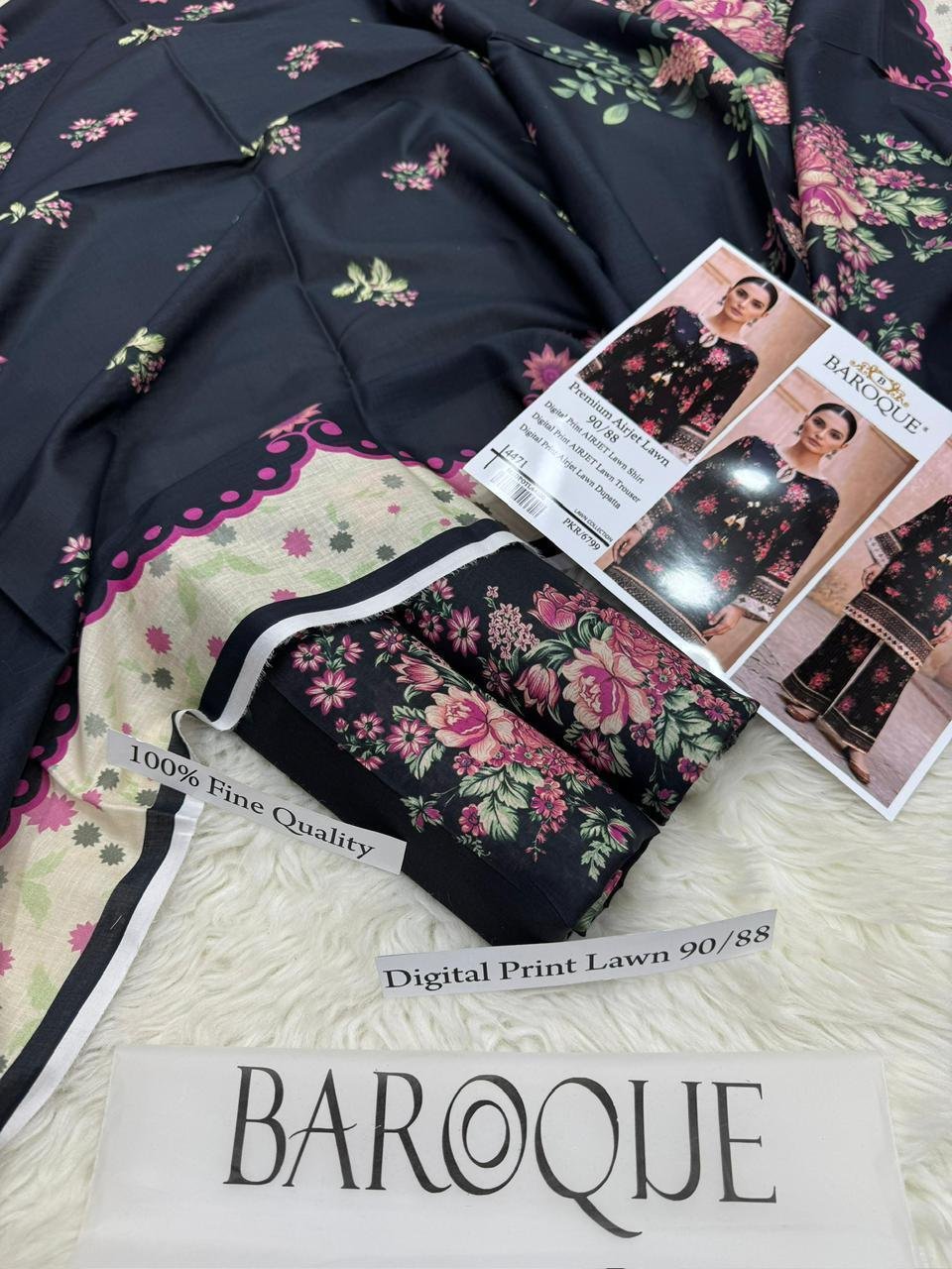 Baroque Premium Airjet Lawn 3-Piece Digital Print Suit – Floral Black | Shirt, Trouser & Dupatta - Image 4