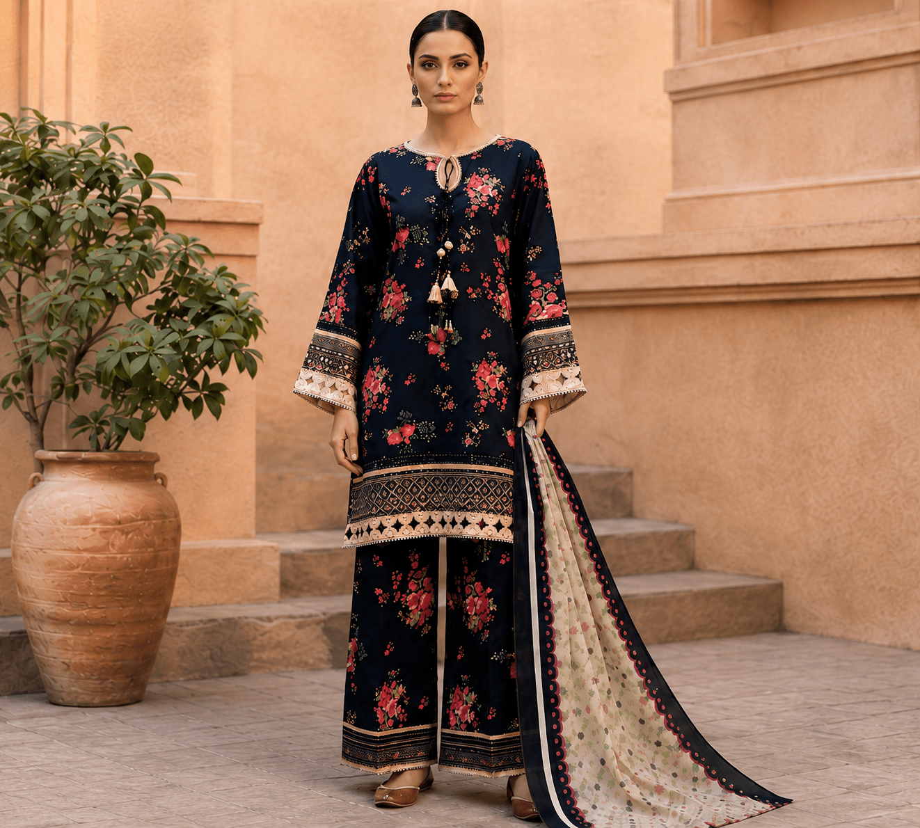 Baroque Premium Airjet Lawn 3-Piece Digital Print Suit – Floral Black | Shirt, Trouser & Dupatta