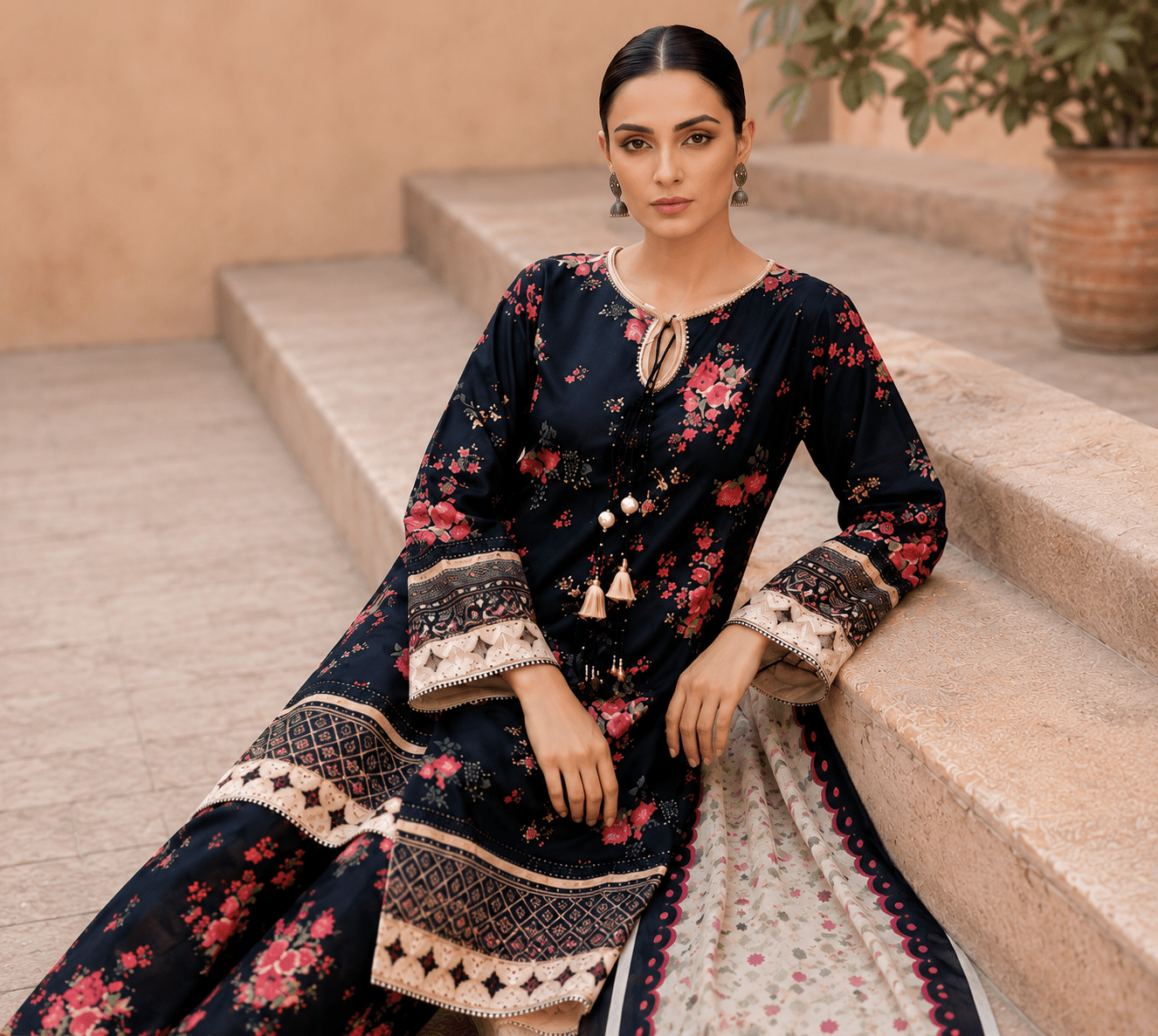 Baroque Premium Airjet Lawn 3-Piece Digital Print Suit – Floral Black | Shirt, Trouser & Dupatta - Image 2