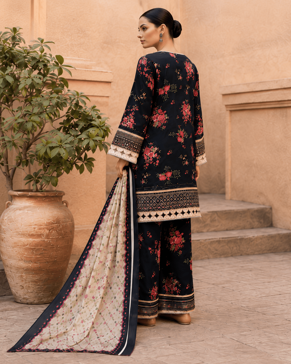 Baroque Premium Airjet Lawn 3-Piece Digital Print Suit – Floral Black | Shirt, Trouser & Dupatta - Image 3