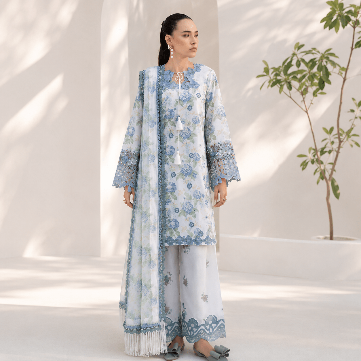 AJR Premium Airjet Lawn 3-Piece Digital Print Suit – Ice Blue Floral | Shirt, Trouser & Dupatta