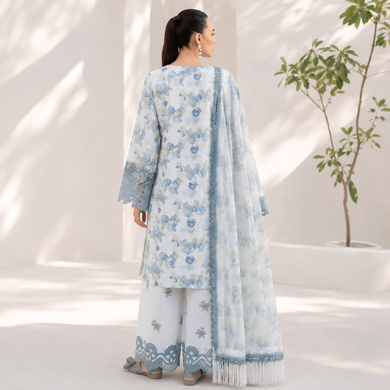 AJR Premium Airjet Lawn 3-Piece Digital Print Suit – Ice Blue Floral | Shirt, Trouser & Dupatta - Image 2