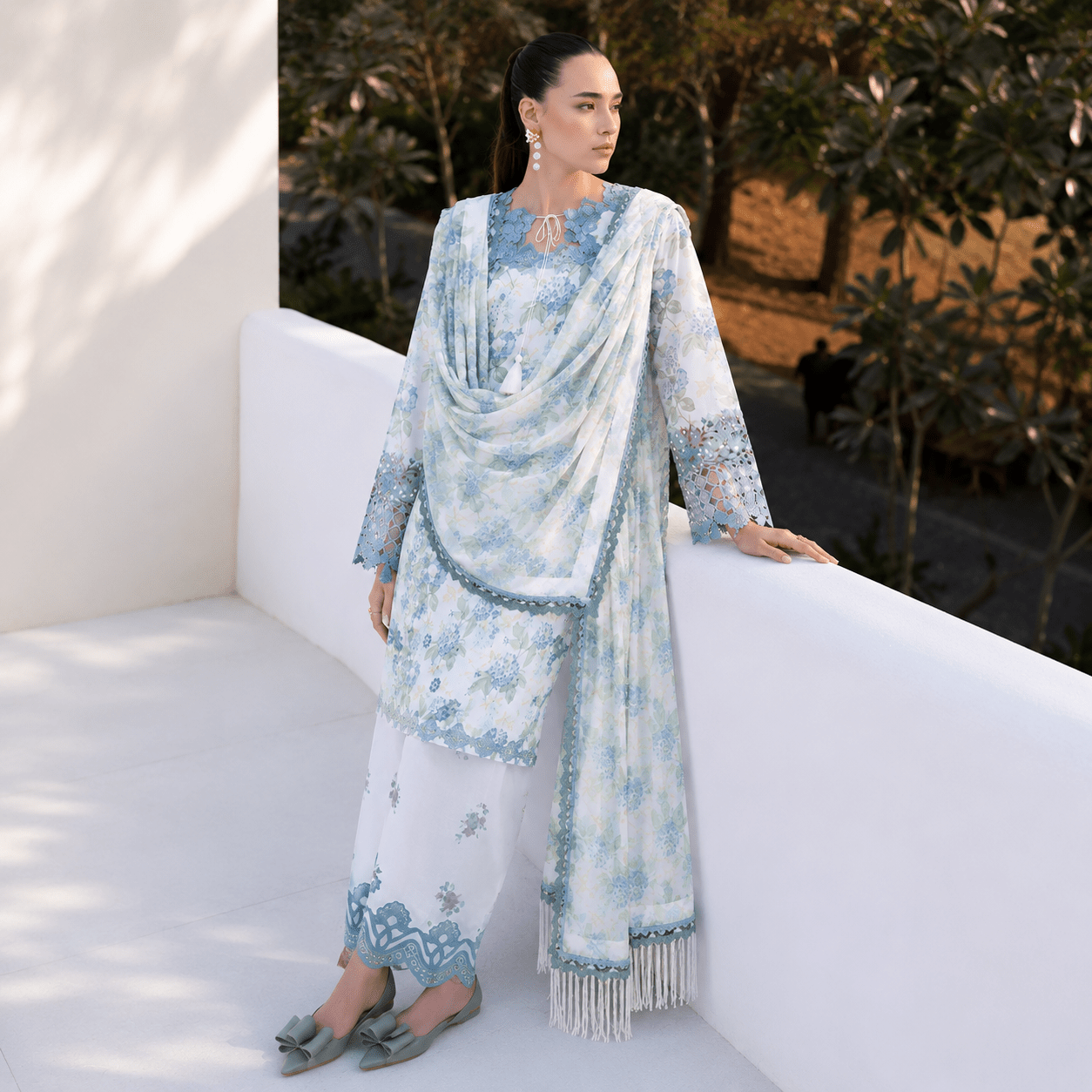 AJR Premium Airjet Lawn 3-Piece Digital Print Suit – Ice Blue Floral | Shirt, Trouser & Dupatta - Image 4