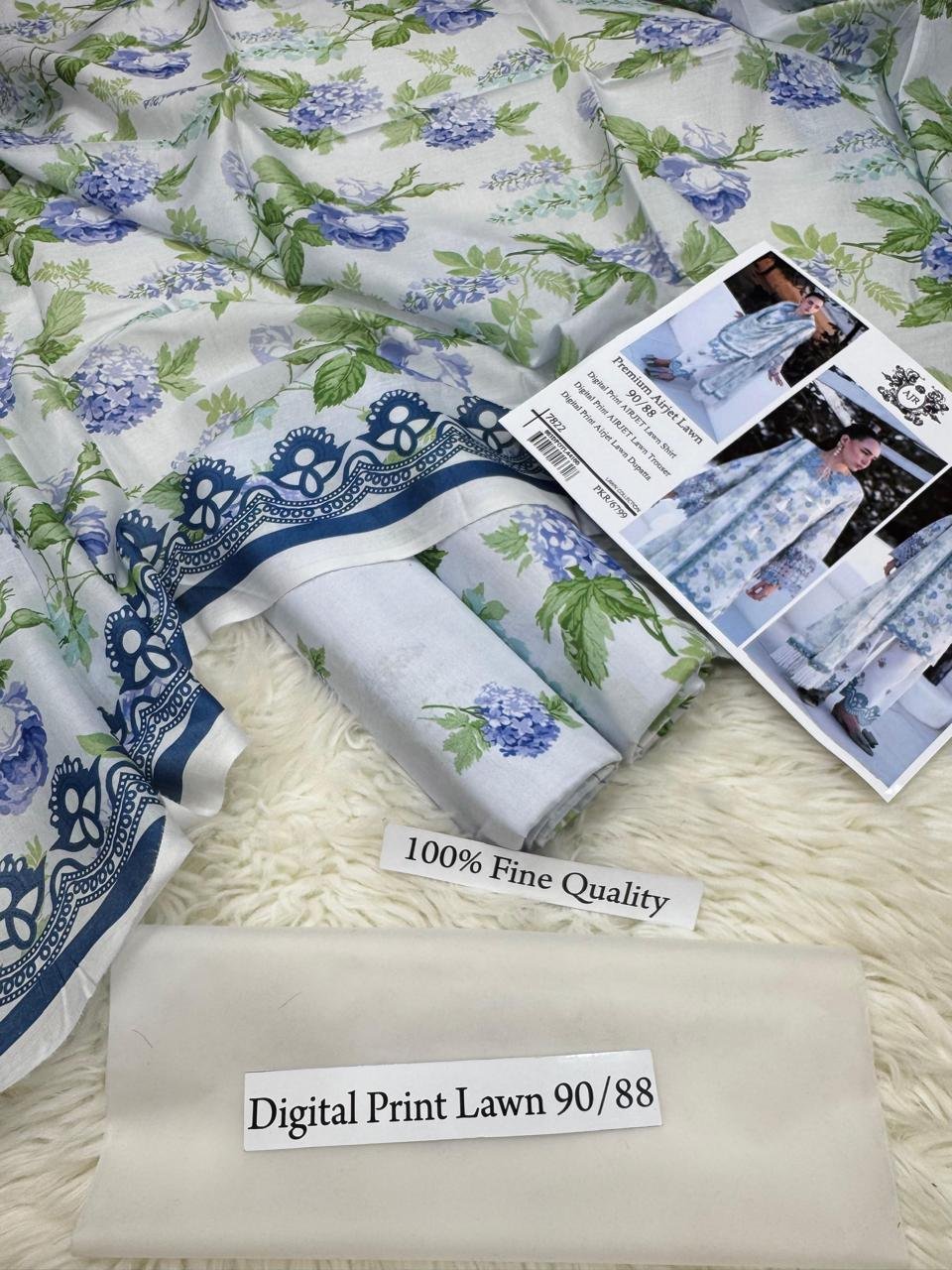 AJR Premium Airjet Lawn 3-Piece Digital Print Suit – Ice Blue Floral | Shirt, Trouser & Dupatta - Image 3