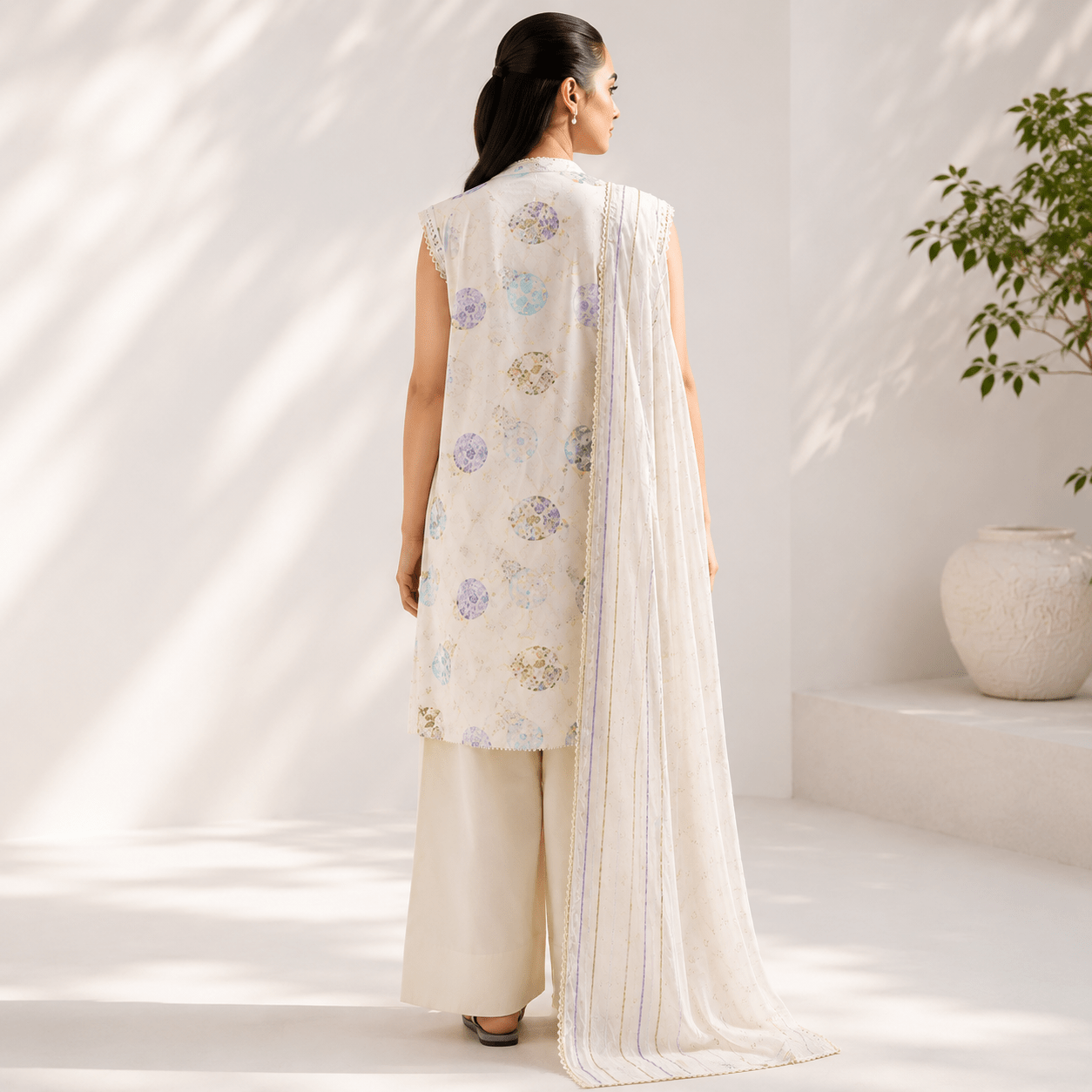 Sapphire Premium Airjet Lawn 3-Piece Digital Print Suit – Ivory White Pastel Floral | Shirt, Trouser & Dupatta - Image 2