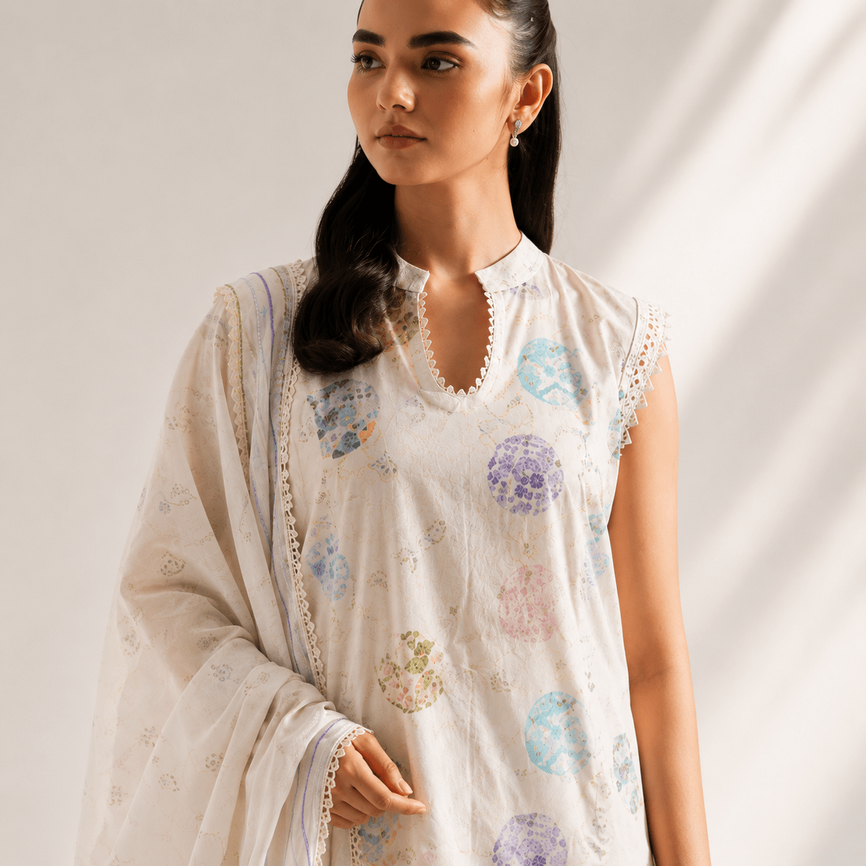 Sapphire Premium Airjet Lawn 3-Piece Digital Print Suit – Ivory White Pastel Floral | Shirt, Trouser & Dupatta - Image 4