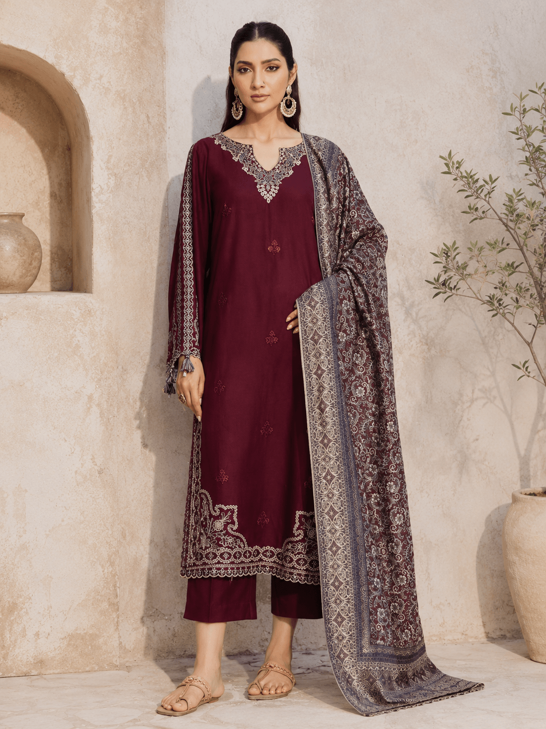 Izel Maroon Elegance — 3-Piece Embroidered Lawn Suit