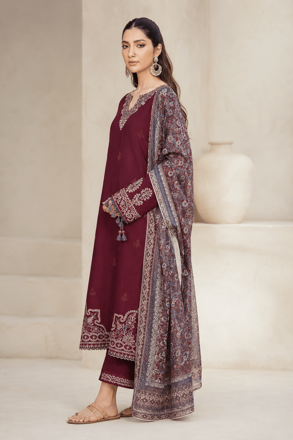 Izel Maroon Elegance — 3-Piece Embroidered Lawn Suit - Image 2