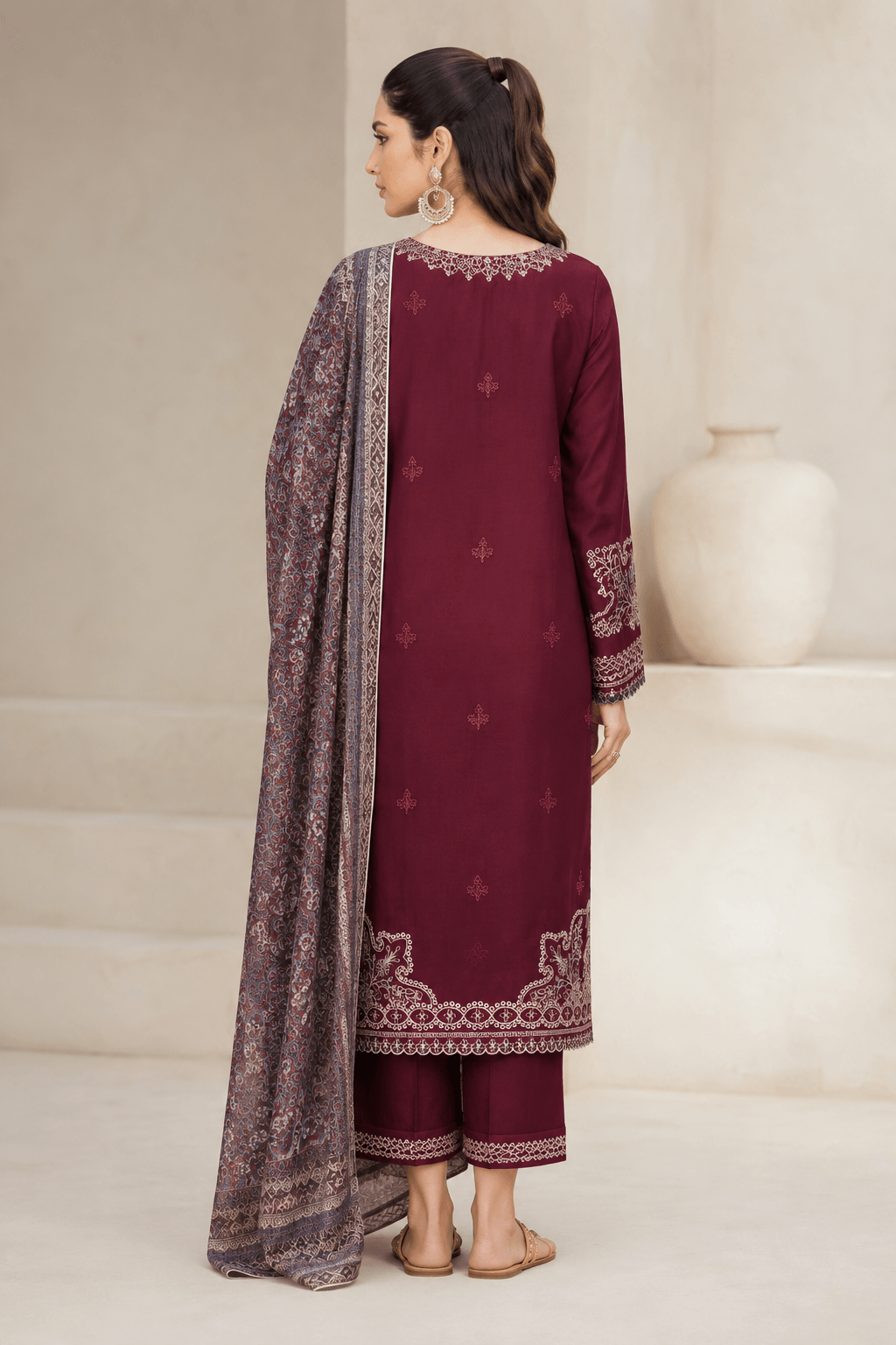 Izel Maroon Elegance — 3-Piece Embroidered Lawn Suit - Image 3