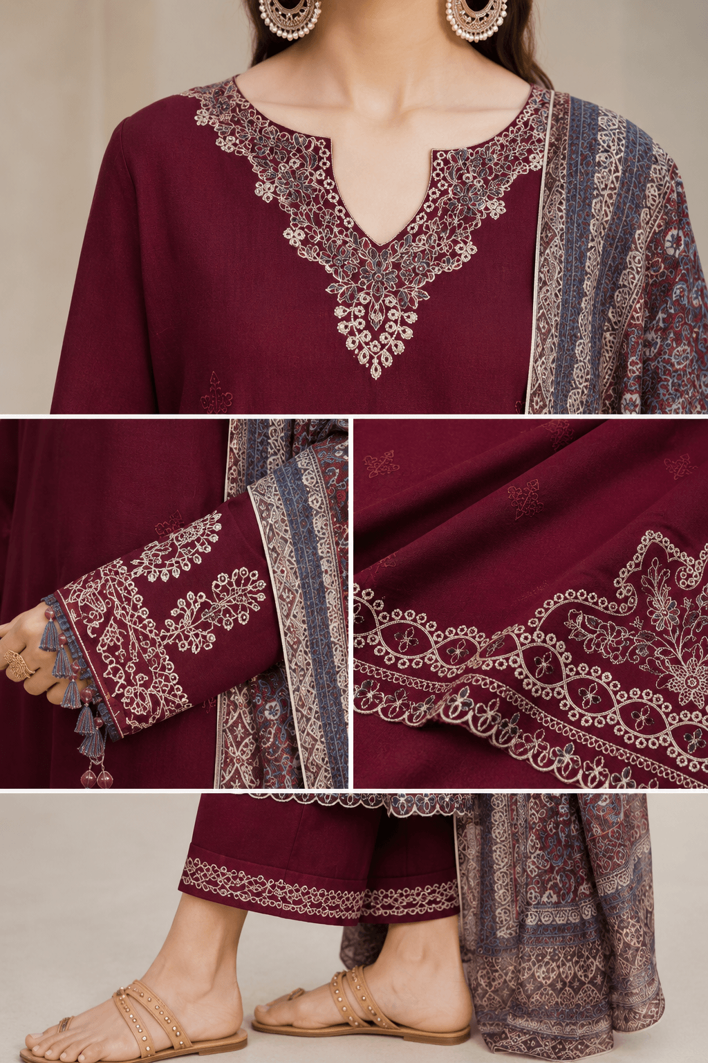 Izel Maroon Elegance — 3-Piece Embroidered Lawn Suit - Image 4