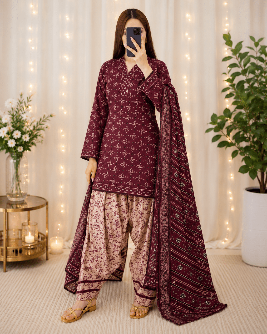 Bin Saeed Premium Airjet Lawn 3-Piece Digital Print Suit – Maroon & Beige | Shirt, Trouser & Dupatta