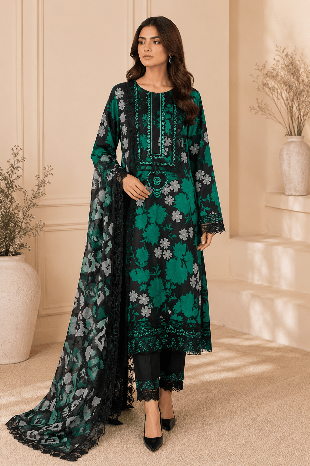 Ramsha Noir Emerald — Unstitched 3-Piece Printed Lawn Suit