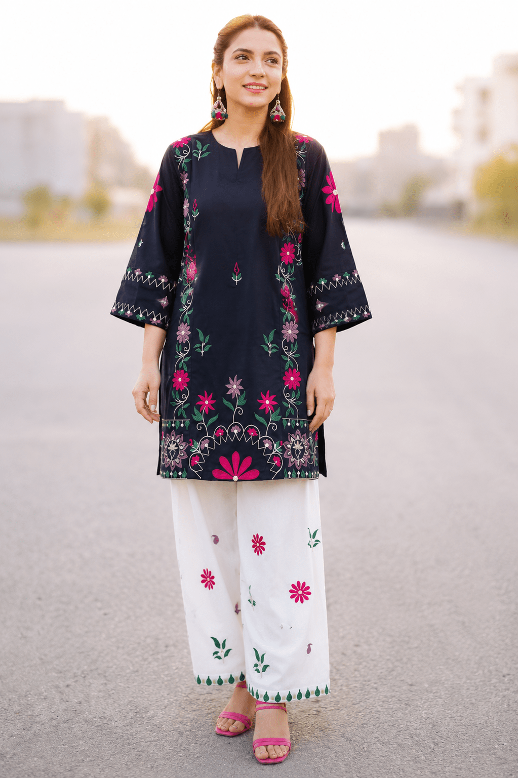 URGE – Floral Embroidered 2-Piece Lawn Suit (Navy Blue & Off-White)