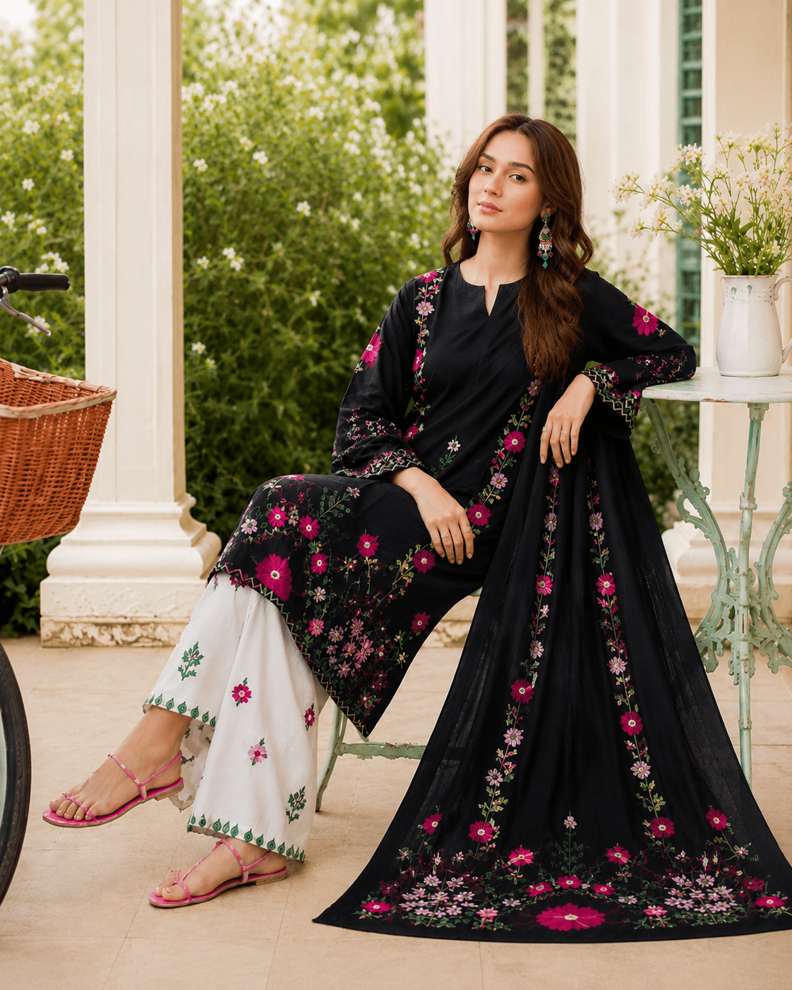 URGE – Floral Embroidered 2-Piece Lawn Suit (Navy Blue & Off-White) - Image 2