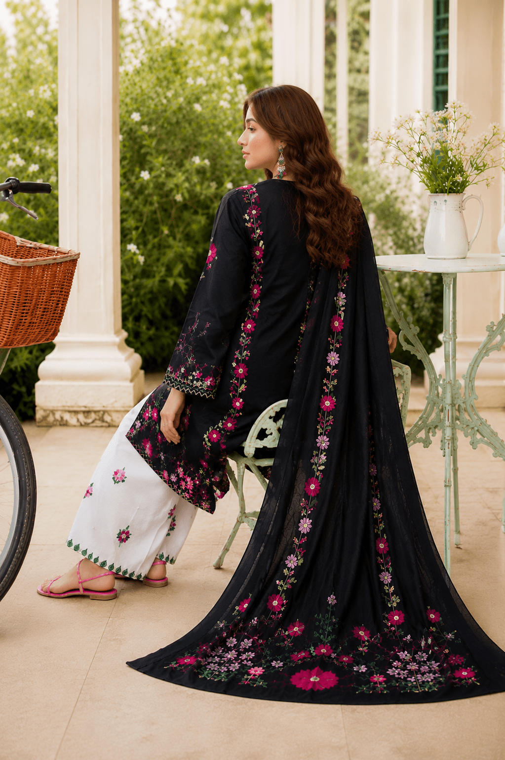 URGE – Floral Embroidered 2-Piece Lawn Suit (Navy Blue & Off-White) - Image 3