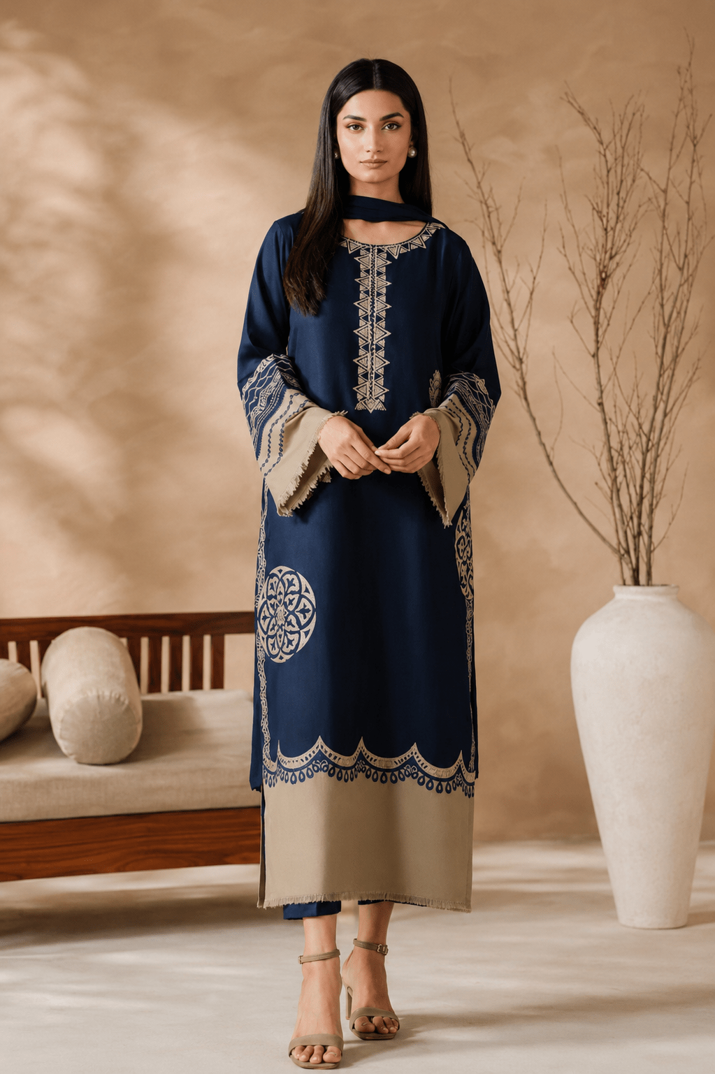 Vintage – Embroidered 3-Piece Lawn Suit with Bamber Dupatta (Navy Blue & Beige)