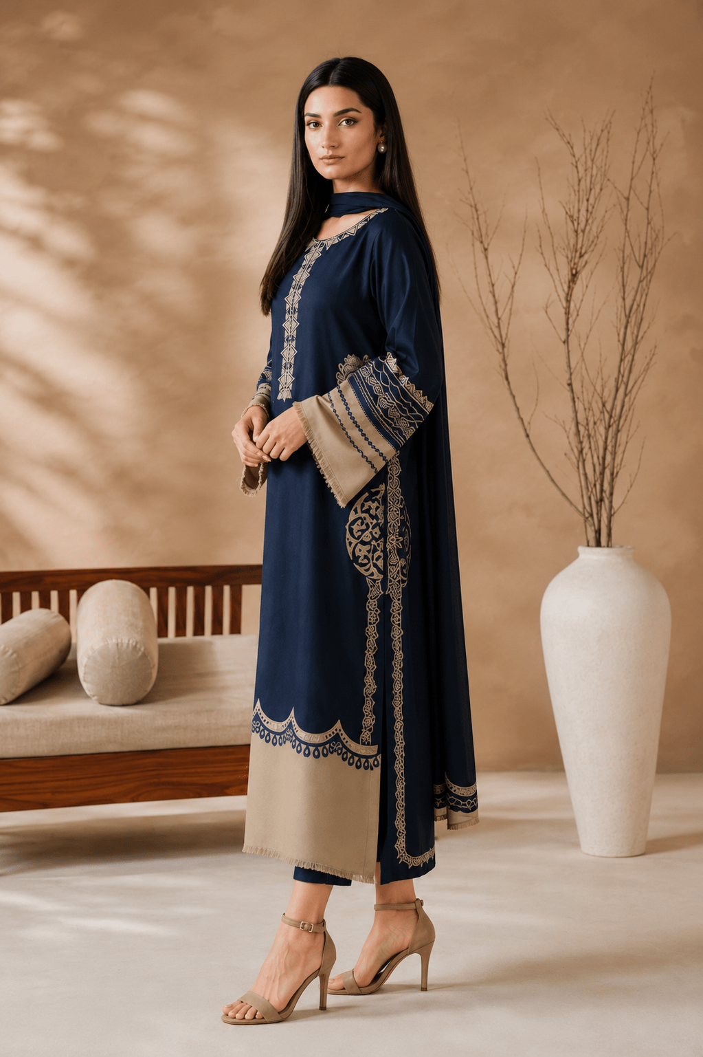 Vintage – Embroidered 3-Piece Lawn Suit with Bamber Dupatta (Navy Blue & Beige) - Image 2