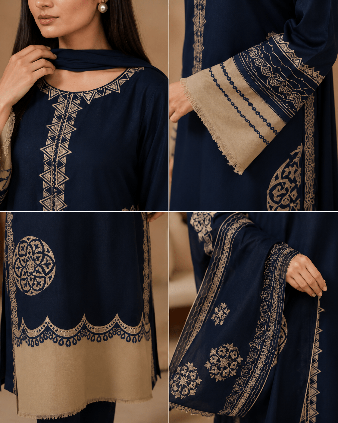 Vintage – Embroidered 3-Piece Lawn Suit with Bamber Dupatta (Navy Blue & Beige) - Image 3