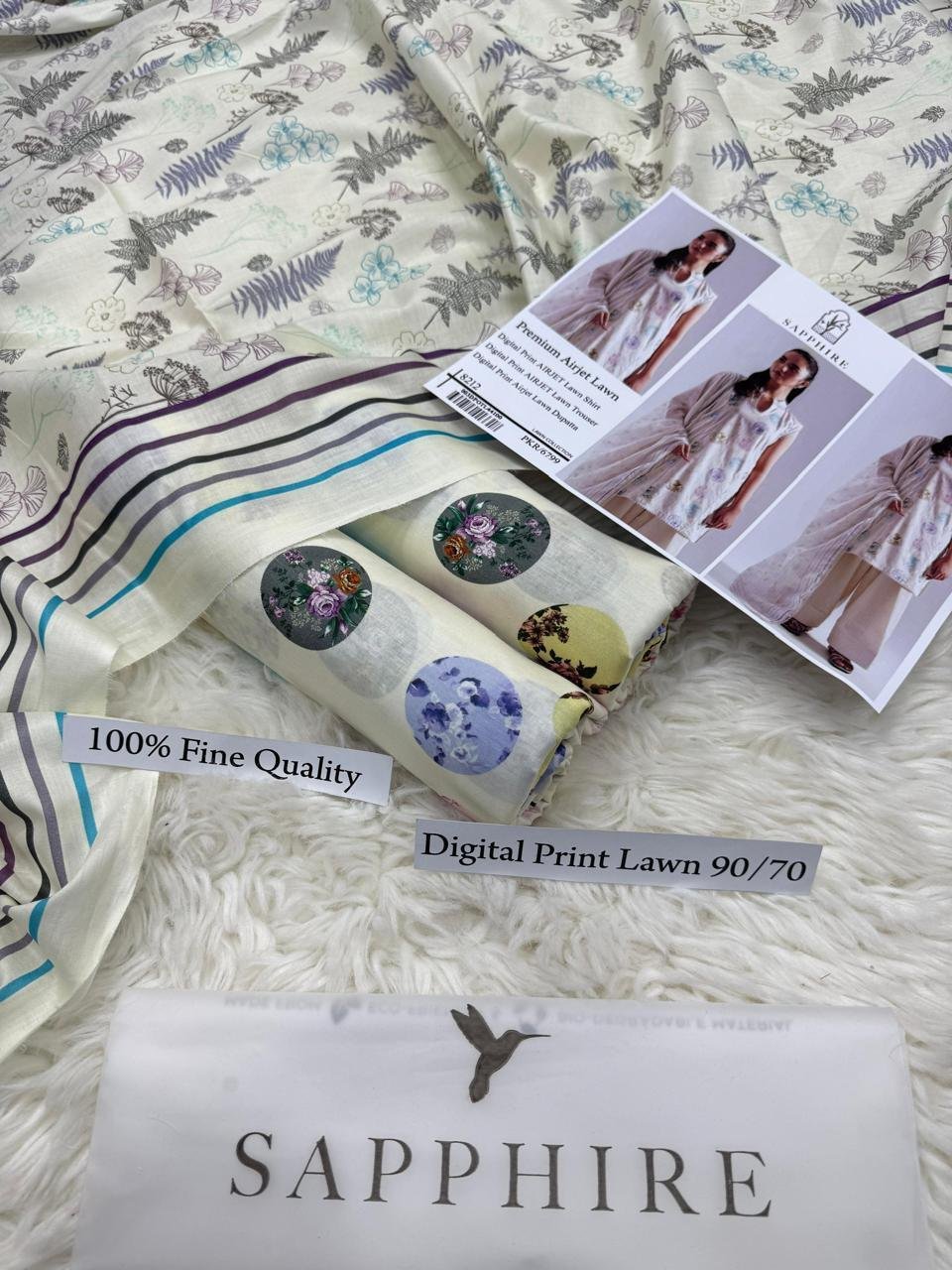 Sapphire Premium Airjet Lawn 3-Piece Digital Print Suit – Ivory White Pastel Floral | Shirt, Trouser & Dupatta - Image 3