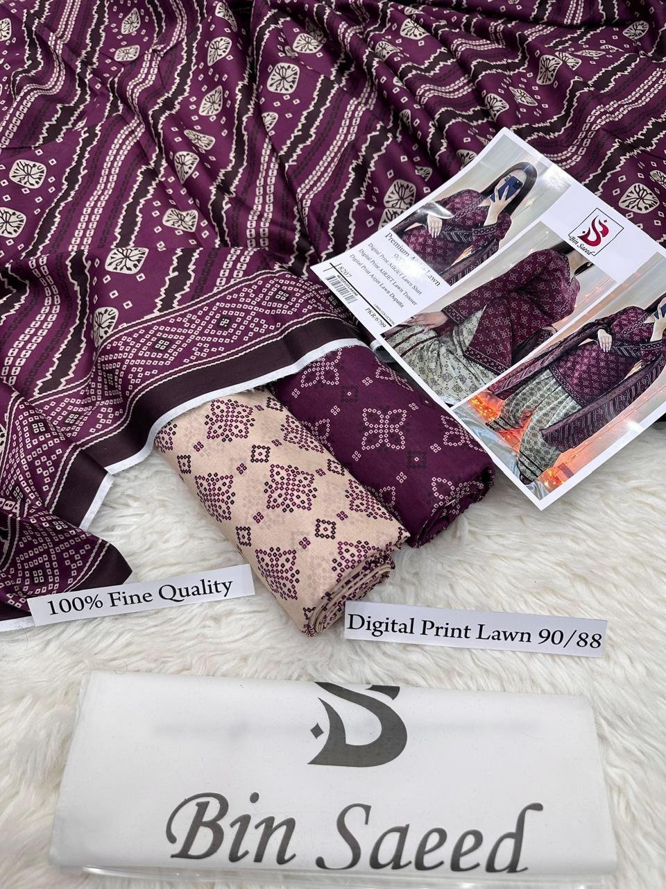 Bin Saeed Premium Airjet Lawn 3-Piece Digital Print Suit – Maroon & Beige | Shirt, Trouser & Dupatta - Image 3
