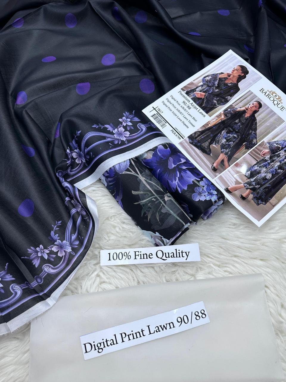 Baroque Premium Airjet Lawn 3-Piece Digital Print Suit – Black & Lavender Floral | Shirt, Trouser & Dupatta - Image 3
